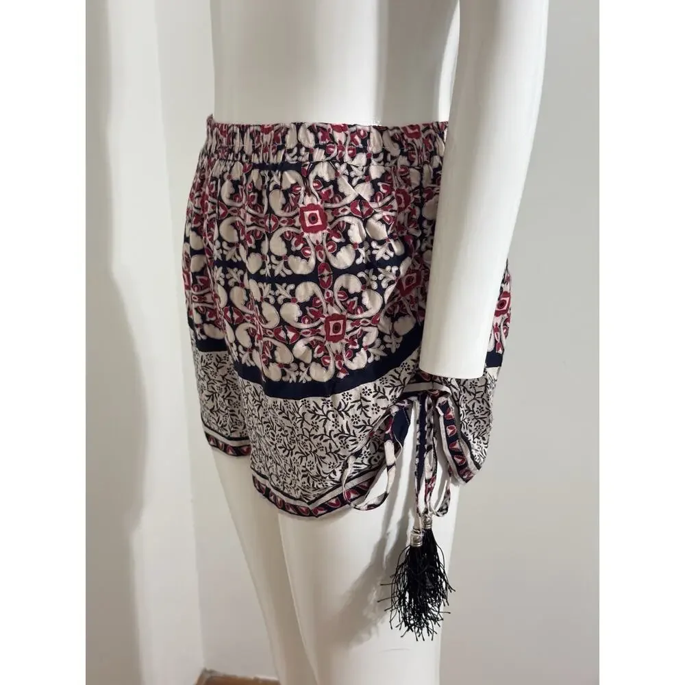 Angie Womens Boho Print Shorts Red Black White Tassel Side Tie Festival Size L - Picture 3 of 10